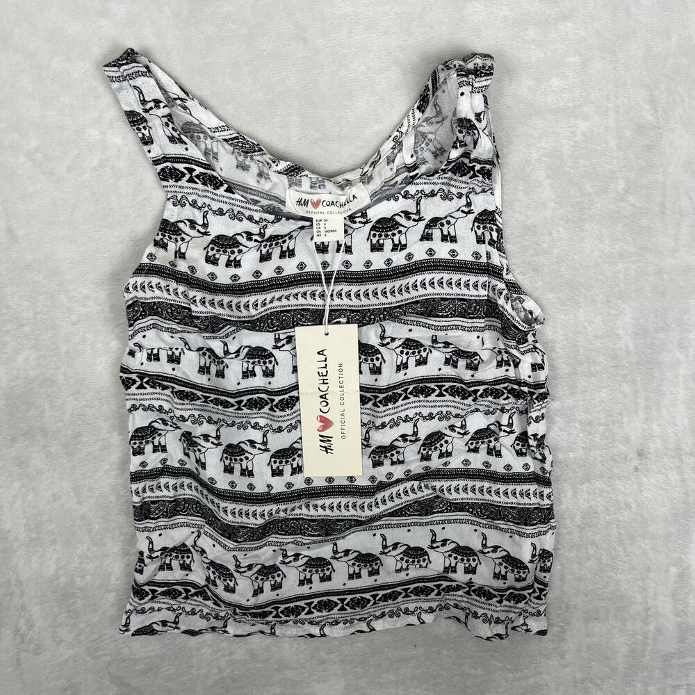 H&M Coachella Tank Top Womens 4 White Elephant Print Cropped Open Back NEW